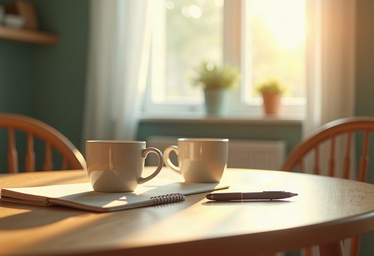 A sunlit kitchen table with two mugs, a notepad and a pen