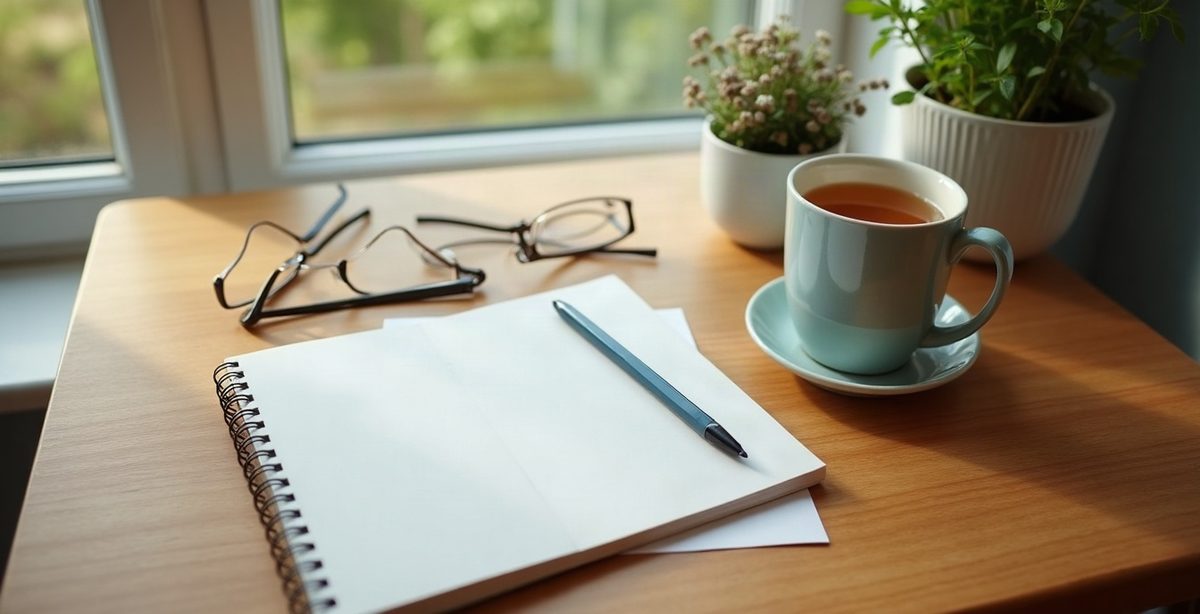 A tidy desk by a window with a notebook, pen, reading glasses and a mug